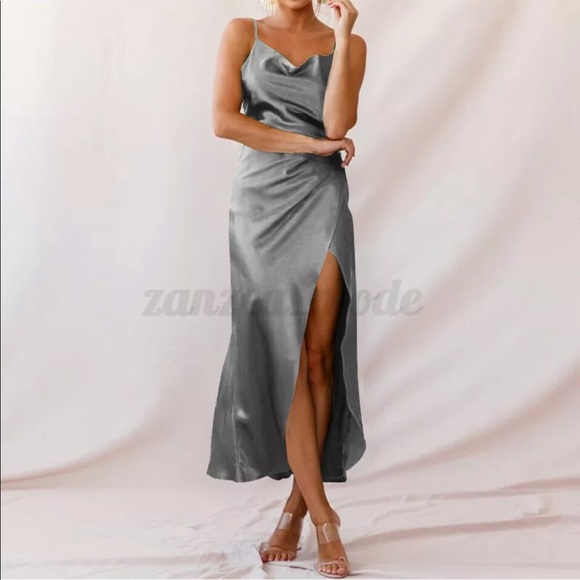 Spaghetti Strap Ruffled Skirt High-Slit Dress Stormy